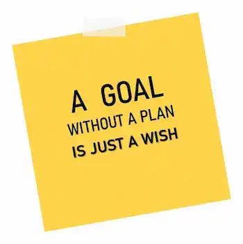 A square, high-contrast image of a yellow sticky note taped to a white background with the text reading "A GOAL WITHOUT A PLAN IS JUST A WISH" in bold, black capital letters.