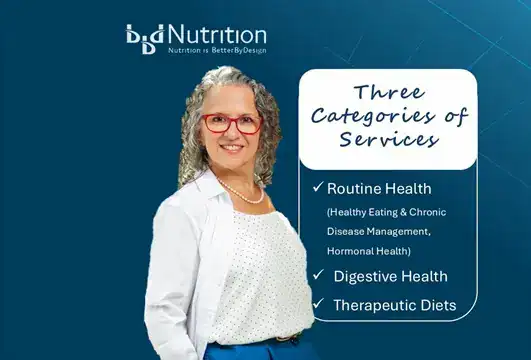 Three Categories of Services - including Routine Health (healthy eating and chronic disease management and hormonal health), digestive health and therapeutic diets